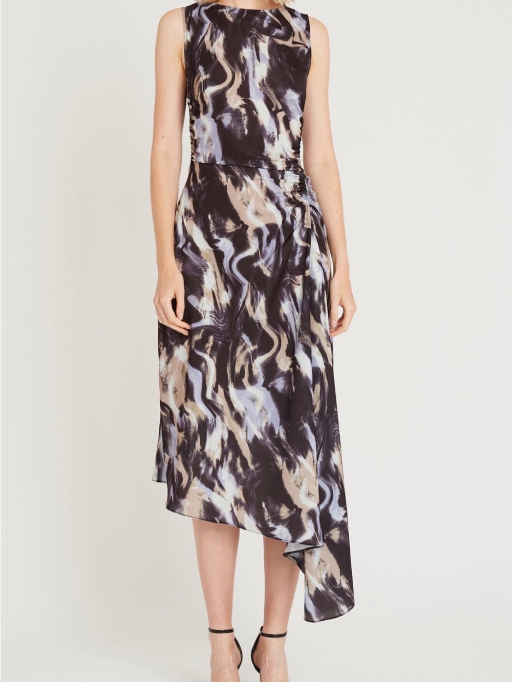 Luxely Sleeveless Print Asymmetrical Midi Dress in Black and Taupe size 12